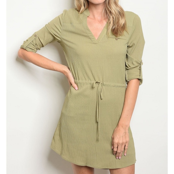 Golden Threads Dresses & Skirts - Olive 3/4 tab Sleeve Drawstring Waist Tunic Dress